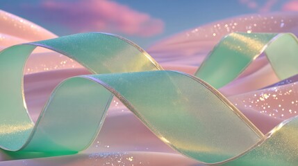 Pastel ribbon swirls on dreamy landscape, digital art