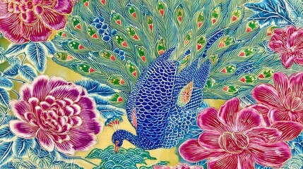 Peacock floral Asian art plate detail