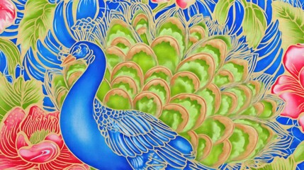 Peacock batik textile, floral background, Asian art, fabric design