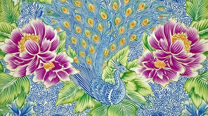 Peacock floral pattern, Asian art, painted ceramic, background detail