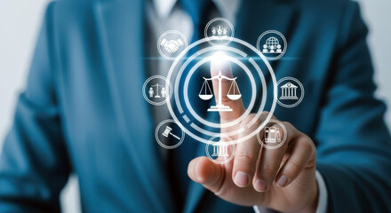 Person touching legal icons on a digital interface for law firm marketing and legal technology