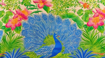 Peacock textile print, floral background, vibrant colors, Asian design, fabric art