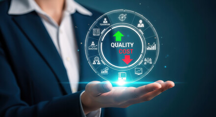 Businesswoman presenting quality and cost optimization concept. for presentations and marketing materials.