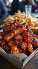 Spicy, glazed chicken tenders served in a paper boat with a side of golden french fries