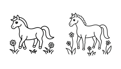 Two charming cartoon horses in a field of flowers