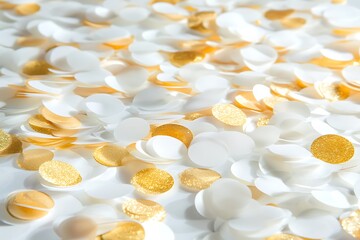 Luxury-themed white and gold confetti scattered randomly with elegant light reflections.