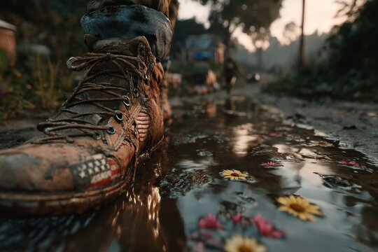 Worn Boot Stepping into a Puddle with Floating Flowers Symbolizing Resilience and Natures Bea