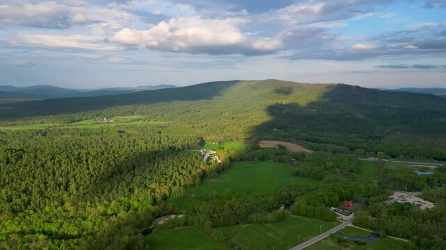 Aerial View Timelapse of Rural Maine Farmland and Forest at Sunset, drone 4K