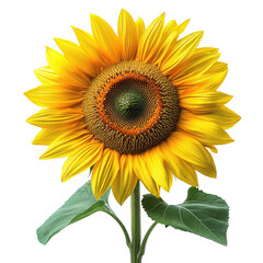 Fototapeta premium Sunflower blossom close up bright yellow petals and green leaves photography on transparent background