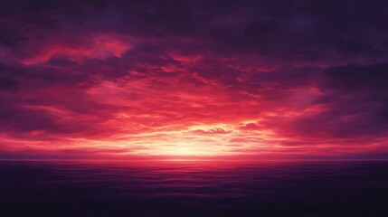 Vibrant sunset over a calm ocean with dramatic red and purple clouds