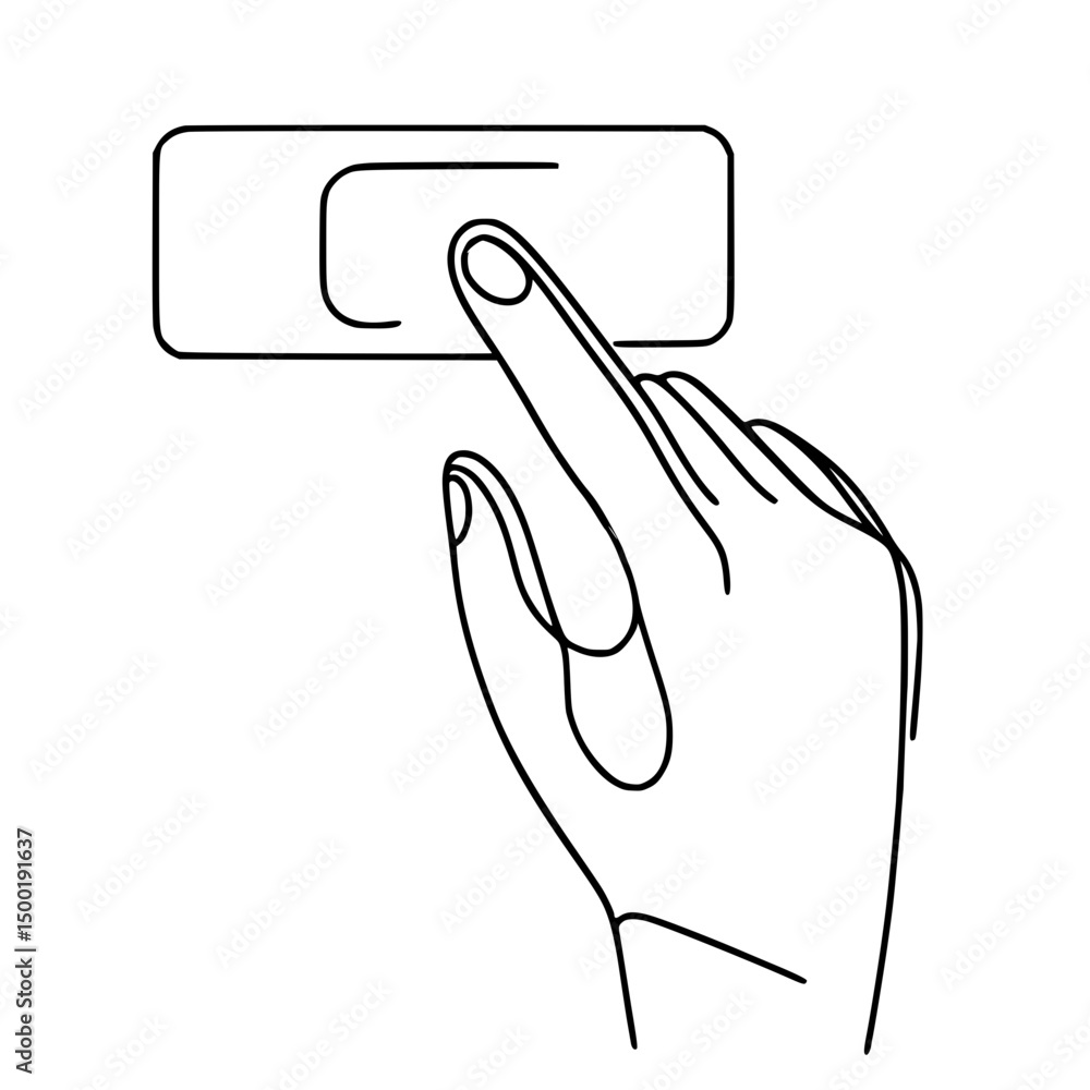 Poster hand pressing button in minimalist line art style, concept of single line outline vector