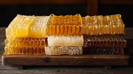 Stacked honeycomb pieces showcasing various honey colors and textures, arranged on a wooden board