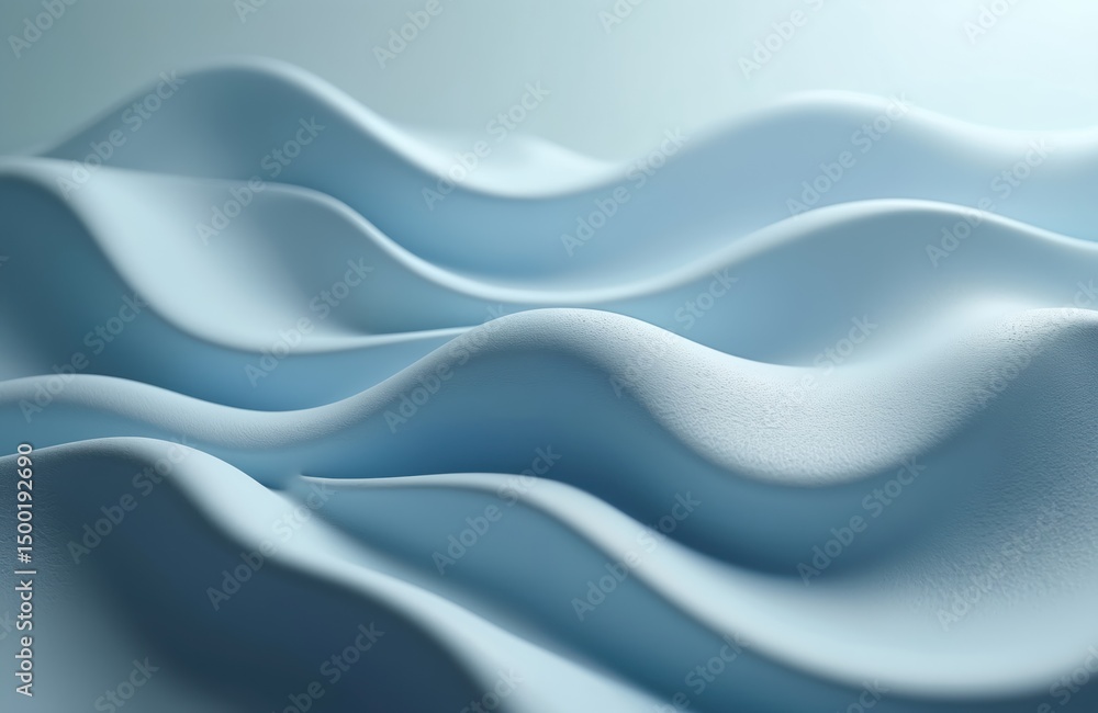 Poster Abstract 3D image featuring flowing wave elements in light blue. Rendered illustration suitable for modern tech, eco projects, design. Wavy shapes, lines, curves create dynamic movement. Creative