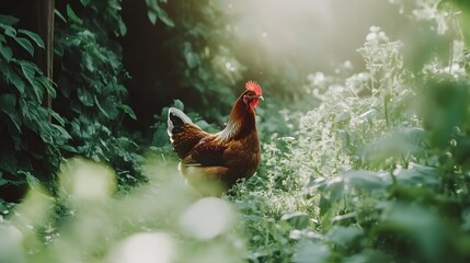 Fototapeta premium Beautiful Brown Hen in Lush Green Garden Sunlight