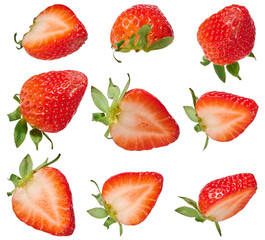 Set of whole and cut strawberries symbolizing freshness, healthy eating or summer harvest