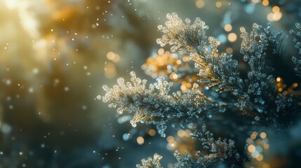 Fototapeta premium Branch covered in snow and light reflecting off of it