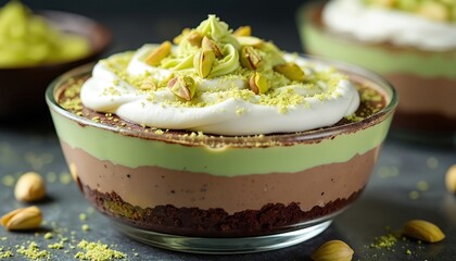 Delicious layered dessert with chocolate, cream, pistachio nuts in glass bowl. Gourmet cake with sweet layers of mousse, whipped cream, nuts. Tasty food, snack for cafe restaurant, menu. Perfect for