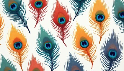Naklejka premium Colorful peacock feathers print pattern. Seamless design for textile, wallpaper, fabric decor. Repeating pattern with vibrant feathers, abstract art, eye-catching design. Perfect for fashion,