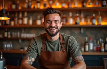 Smiling bartender at bar. Cheerful barkeeper with tattoos on arm welcomes clients. Man in apron stands in pub, restaurant. Concept of hospitality, entertainment, nightlife. Bartender serving drinks.