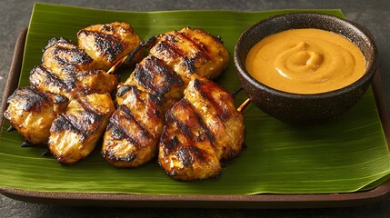Delicious Grilled Chicken Satay Skewers with Peanut Sauce on Banana Leaf