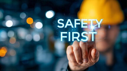 Engineer in safety gear tapping virtual screen with ‘Safety First’ message, promoting workplace protection, industrial awareness, and safety compliance.