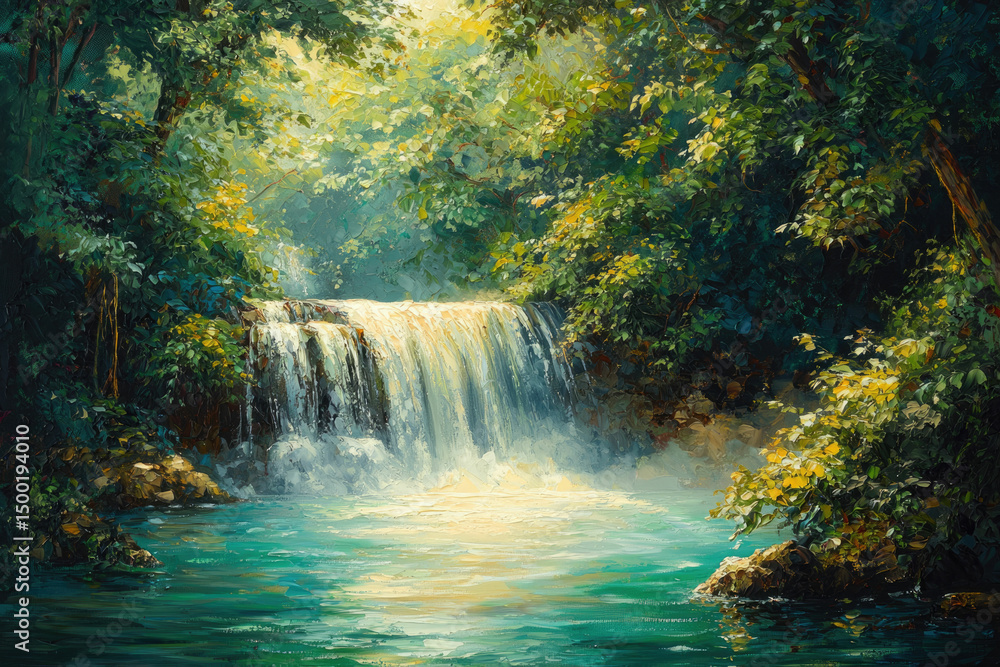 Poster serene waterfall cascading through lush green forest, sunlight filtering through canopy.