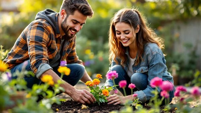 Couple planting flowers in garden