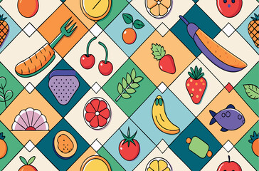 Seamless vector pattern with contemporary art food illustrations. Vegetables, fruits, berries, lobster, fish in a trendy geometric style on checkered background. Colorful abstract dinner party texture