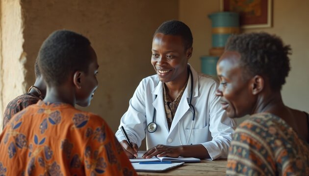 African doctor consults patients in remote village. Medical care at clinic. Health worker discusses treatment. People consultation. Pro assistance. Global health.