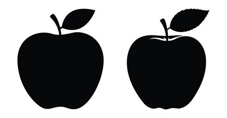 Black apple silhouette icons with stem and leaf variations for fruit design elements, nutrition symbols, healthy eating and healthy food designs