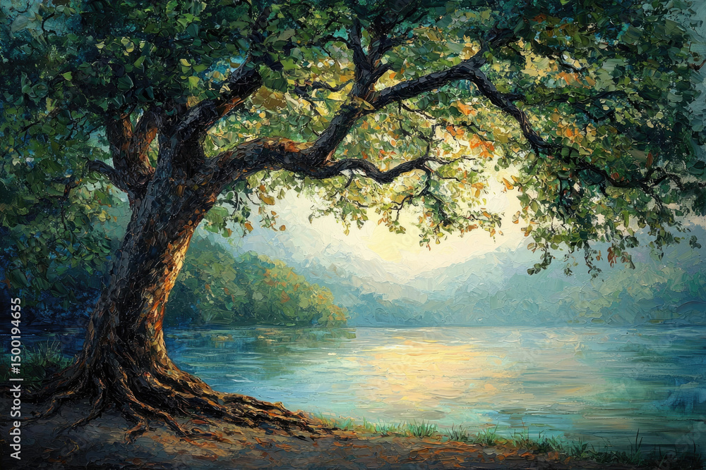 Poster serene landscape painting of a large tree overlooking a calm lake and mountains at dawn.