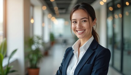 Smiling businesswoman portrait in modern office. Happy female executive manager looks at camera. Confident pro business person in elegant suit. Success, leadership, financial banking or marketing.