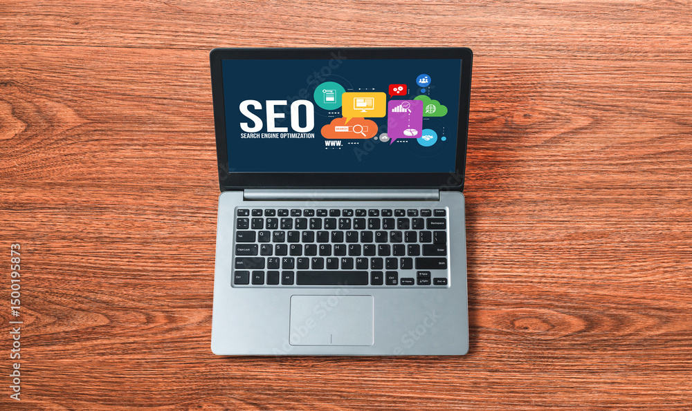 Poster seo search engine optimization for modish e-commerce and online retail business showing on computer 