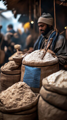  Food sacks in dusty open market with local people in background