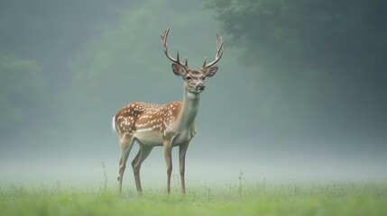 Fototapeta premium Deer stands in a field with its head held high. The image has a peaceful and serene mood