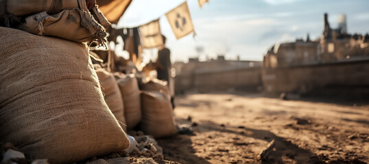 Generated image Sandbags and aid flags in dusty conflict zone street