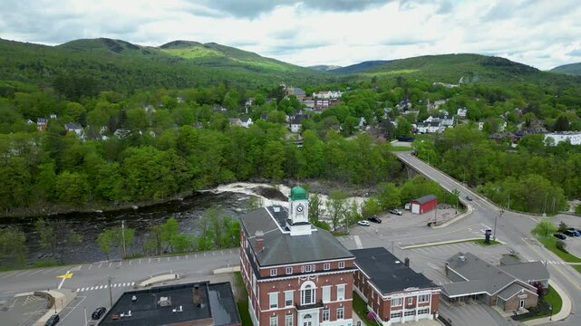 Drone View of Historic Town Hall with Clock Tower in Small New England Town, drone 4K