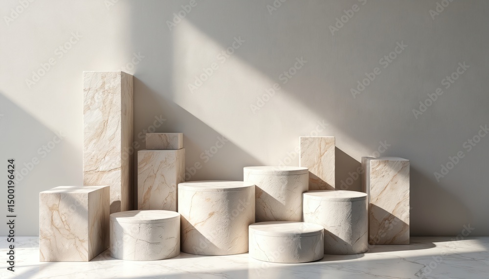 Poster empty product display podiums made from stone. display stand platform for cosmetic product presentat