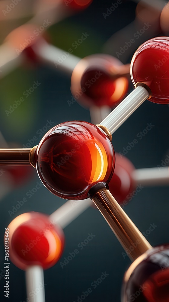Poster creative molecular model structure with red atoms in laboratory