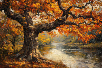 Autumnal landscape painting depicting a majestic oak tree with vibrant foliage overhanging a calm river.