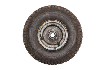 Old lawn tractor wheel and tire isolated on white