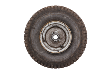 Old lawn tractor wheel and tire isolated on white