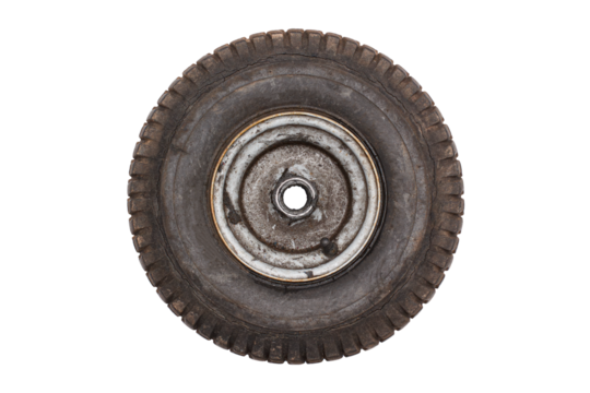 Old lawn tractor wheel and tire isolated on white