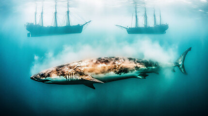 Giant shark swimming underwater with ghost ships above
