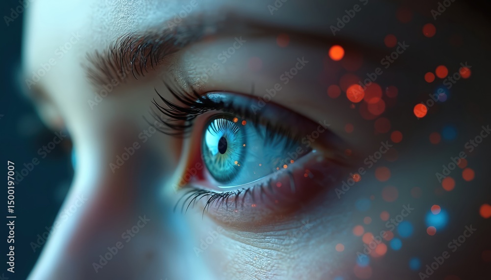 Poster close-up of female eye with smart contact lens. digital and biometric implants scanning the ocular r