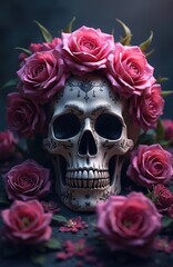 Obraz premium Sugar skull illustration decorated for Day of Dead with floral headpiece. Skulls important symbol of holiday. Illustration captures decorative skull in festive environment. Digital art generative AI.