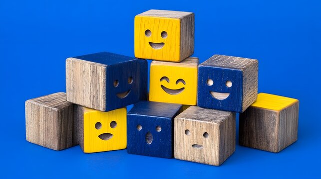 Wooden Cubes with Emojis, Happy Faces, Blue Background