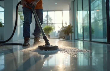 Worker cleans office floor with special cleaning machine. Man washes floor, removes dirt, dust with water. Daily routine office hygiene. Pro janitor, cleaner at job in big modern business center.
