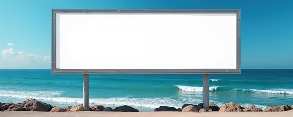 Blank advertising billboard stands along coastline against vibrant sea backdrop. Message board ready for creative design, advertisement. Place brand logo promo text. Advertise seaside vacation resort