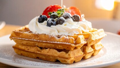 Golden Waffles with Fresh Fruit and Whipped Cream